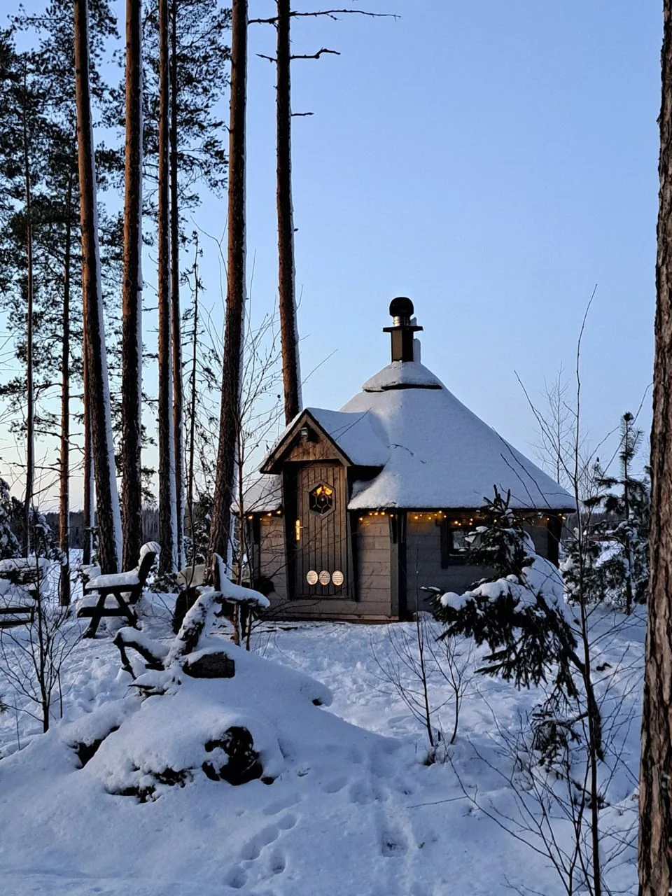Grillikota lumen keskellä mäntymetsässä, katolla lunta